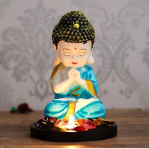 Polyresin Blue and White Praying Monk Buddha Statue with Wooden Base, Fragranced Petals and Tealight