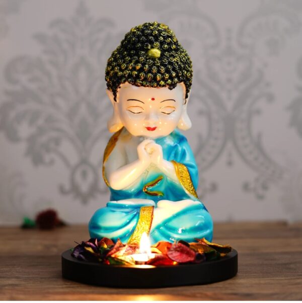 Polyresin Blue and White Praying Monk Buddha Statue with Wooden Base, Fragranced Petals and Tealight