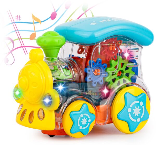 Transparent Gear Train Engine Musical Sound Toy with Lights Bump