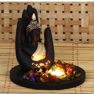 Polyresin Black and Golden Handcrafted Palm Buddha Statue with Wooden Base Tealight Candle Holder