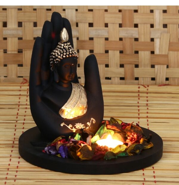 Polyresin Black and Golden Handcrafted Palm Buddha Statue with Wooden Base Tealight Candle Holder