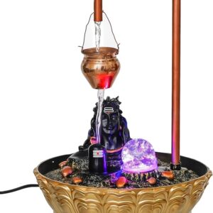 Copper Metal Shivling Tabletop Indoor Water Fountain with Crystal Ball and LED Light for Home Decor